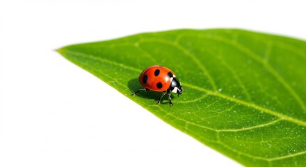 Fototapeta premium 鮮やか緑葉の上を歩くテントウムシ 陽光浴びて輝く姿. AI Generated