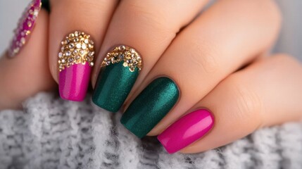 Colorful nail art design featuring green and pink polish with embellishments