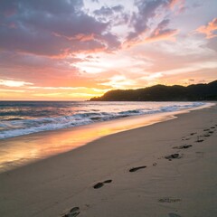 A tranquil beach scene at sunset, featuring soft pastel colors, gentle waves, and footprints in the sand, evokes a peaceful and serene mood.