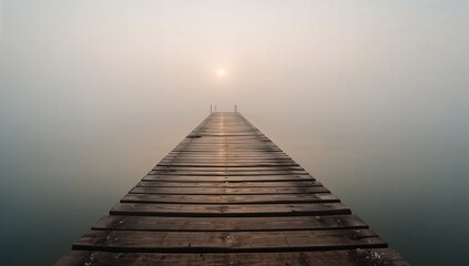 Fototapeta premium Wooden dock stretching into foggy waters, sun glowing through the haze. Serene and mysterious landscape.