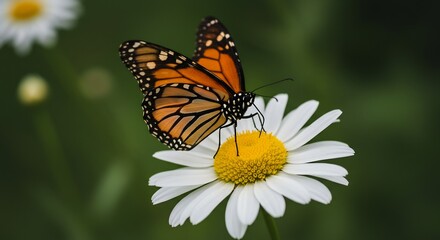 Fototapeta premium 鮮やかオレンジ蝶 優雅に白花に止まる 柔らかな光. AI Generated