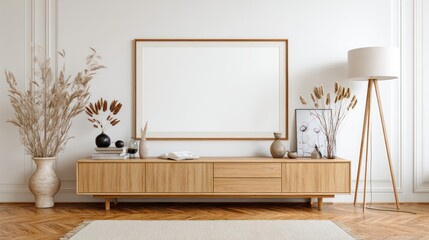 Modern Minimalist Living Room Wall Decor with Wooden Console and Neutral Vases