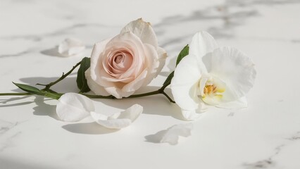 Obraz premium Elegant floral arrangement featuring a rose and orchid on a bright, marbled surface with scattered petals.