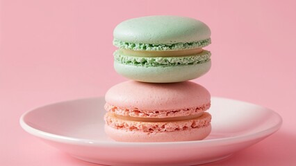 Stacked macarons: A pastel tower of delicate sweetness. Pink and mint green treats on a simple white plate.