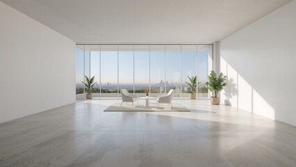 Obraz premium Bright, airy living room with panoramic views. Minimalist furniture, open space, city view.