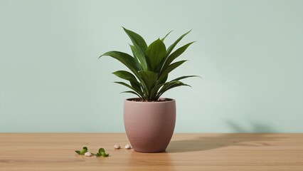 A small plant in a pink pot on a wooden surface with a light blue background. Peaceful & serene.