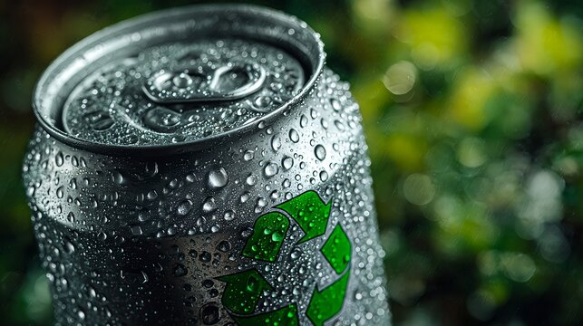 Close up of a metallic aluminum can with green recycling symbol covered in fresh water drops. Eco friendly concept for America Recycles Day, promoting recycling awareness and sustainable packaging. - Powered by Adobe