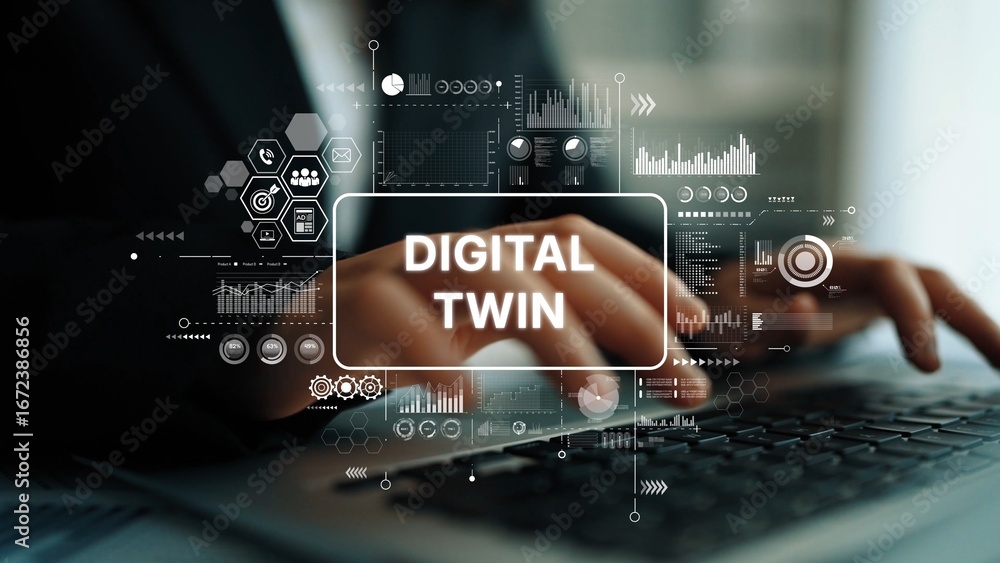 Poster business professional interacting with digital twin technology, data visualization and innovation co