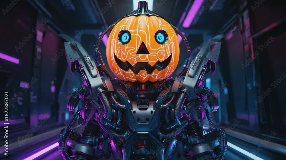 Poster futuristic robot with a glowing carved pumpkin for a head stands menacingly in a dark spaceship corr
