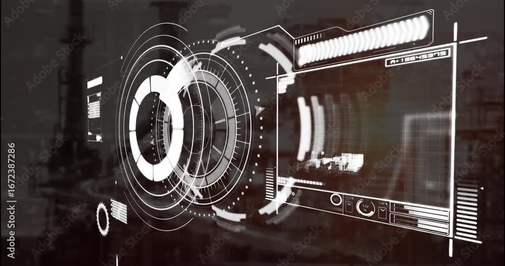 Aufkleber animation of interface with data processing against construction site