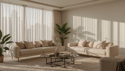 Bright living room with cozy sofas, sheer curtains, plants, and natural light.  Home decor inspiration.
