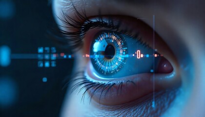 Macro photograph of a human eye with a futuristic digital interface, illustrating concepts of augmented reality and biometric scanning