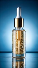 Naklejka premium Golden serum bottle with dropper isolated on a blue background