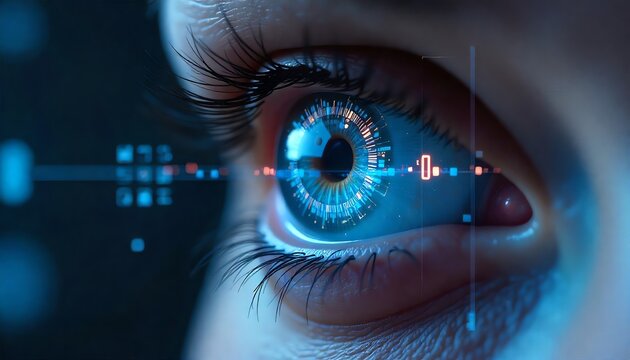 Macro photograph of a human eye with a futuristic digital interface, illustrating concepts of augmented reality and biometric scanning