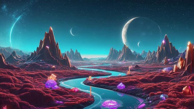 Turquoise river flowing through vibrant, otherworldly valley on an alien planet with multiple moons and glowing crystals, creating a breathtaking surreal landscape