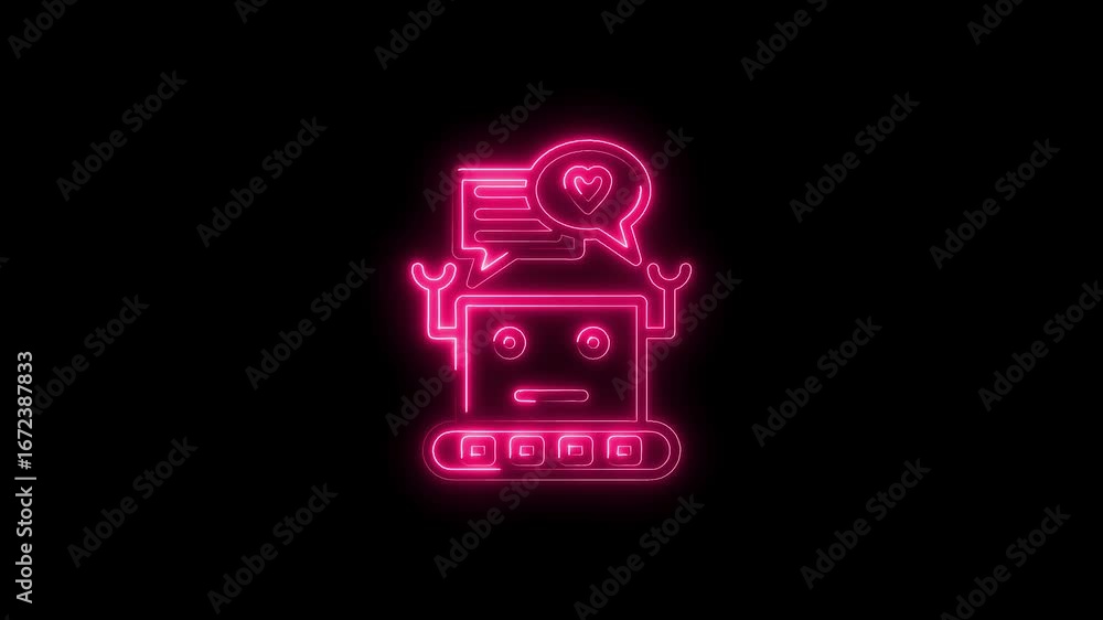 Poster glowing neon robot icon with heart chat bubble isolated on black background for a i and