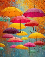 Obraz premium Floating umbrellas in autumn rain, each umbrella a different fall color, whimsical scene 