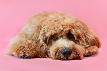 Curly brown Labradoodle or poodle or goldendoodle dog on a pink isolated background