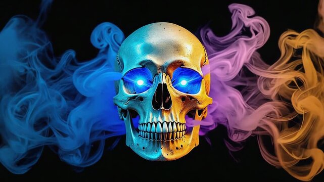 Golden skull with glowing blue eyes emerging from a colorful cloud of smoke on a black background, creating a mystical and eerie atmosphere