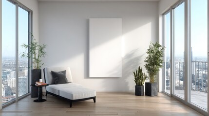 Modern Minimalist Living Room with Floor to Ceiling Windows and Urban View