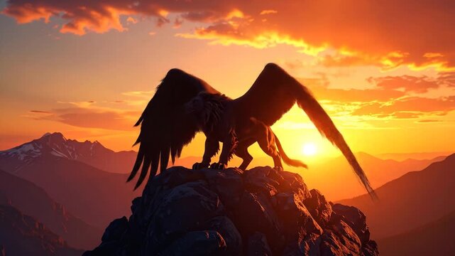 Majestic griffin silhouette sunset mountain