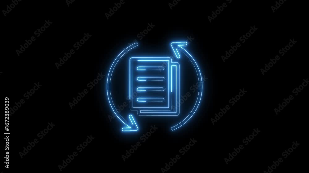 Poster blue neon document exchange icon animated loop black background digital data transfer concept video