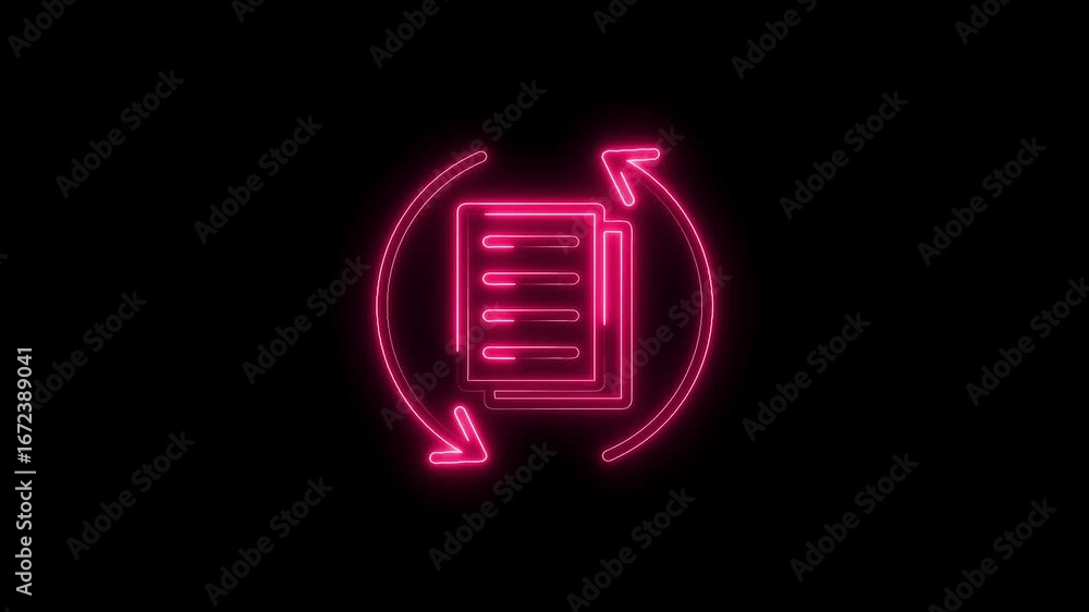 Poster glowing neon pink document refresh icon animated loop isolated on black background digital data