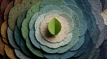 Fototapeta premium Minimalist eco concept with a green leaf placed on layered recycled paper circles, representing sustainability, circular economy and America Recycles Day.
