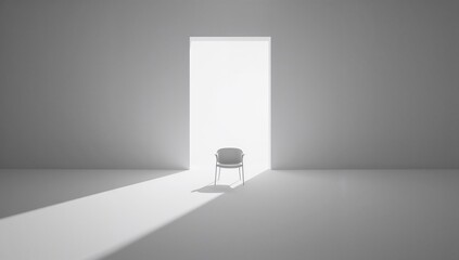 Minimalist chair positioned at doorway beckoning passage, bathed in light and evoking themes of possibility.