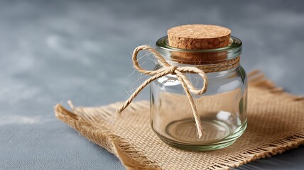 Obraz premium Charming Glass Jar with Cork Stopper and Jute Twine Bow on Burlap Fabric for Rustic Decoration