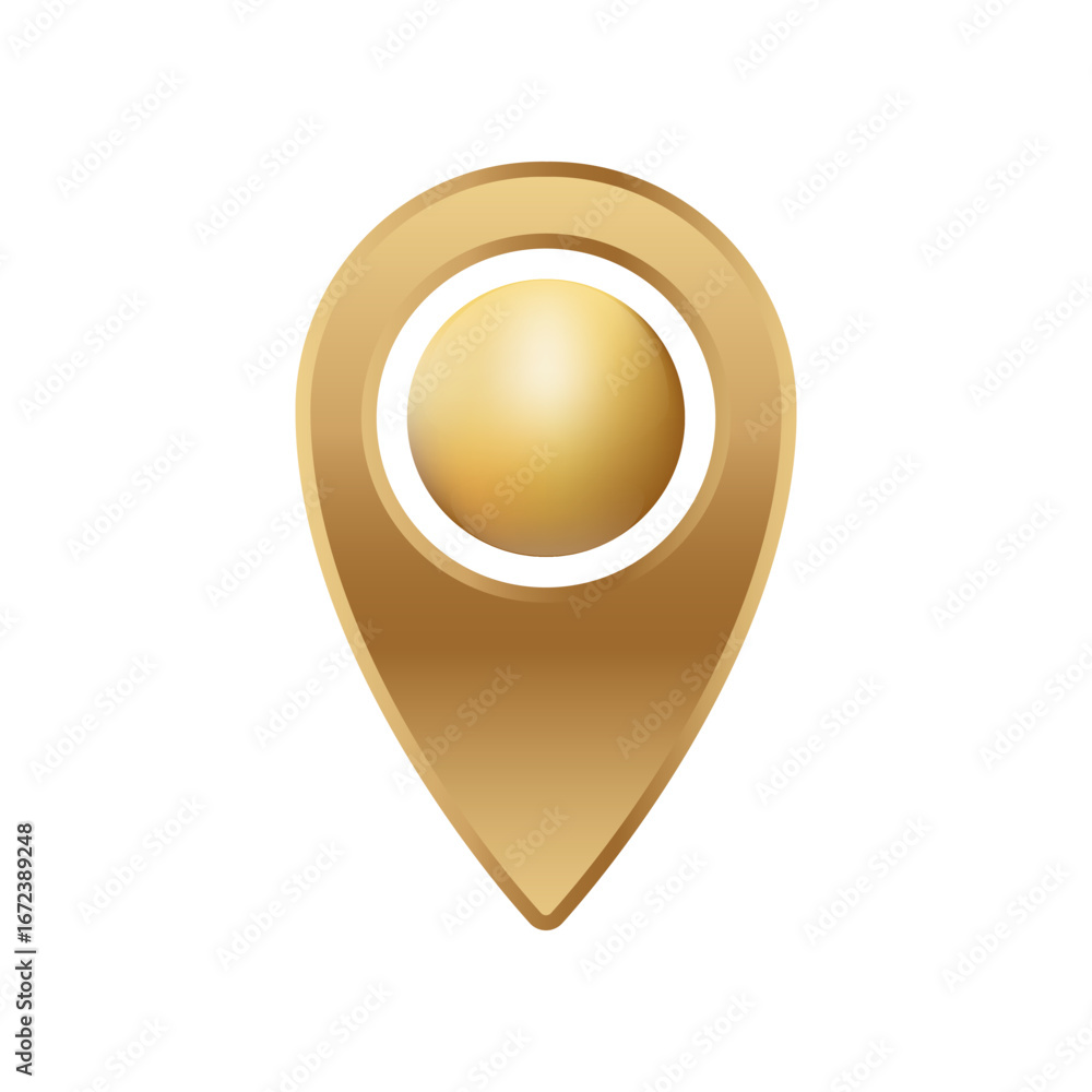 Poster golden icon of a location pin featuring a central shiny sphere, used for maps and navigation signs.