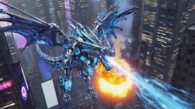 Metallic dragon is flying over a futuristic city, breathing fire and lightning, destroying buildings and causing chaos in a dramatic and epic scene