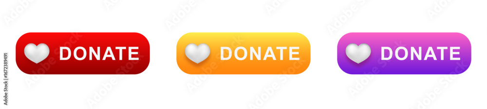 Poster three colorful buttons with heart icons for online donation and contribution actions.