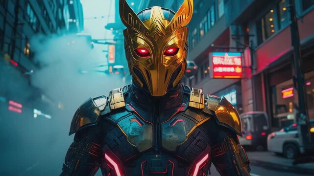 Superhero with golden mask and futuristic armor standing in cyberpunk city with flying cars and neon lights, showcasing strength and power in a technologically advanced urban environment - Powered by Adobe