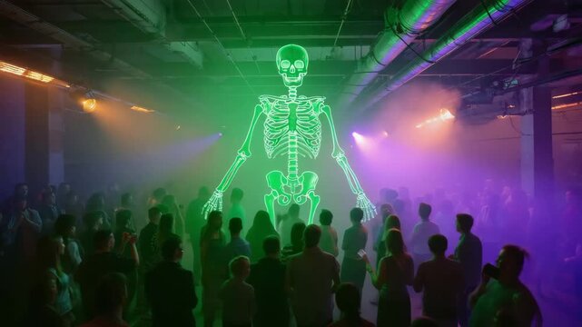 Partygoers reveling in a futuristic rave, surrounded by vibrant neon lights and a giant hologram skeleton dancing above, creating a thrilling and spooky atmosphere filled with excitement - Powered by Adobe