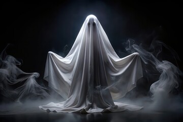 A spooky ghost figure draped in white fabric, emerging from a dark, smoky background with ethereal wisps