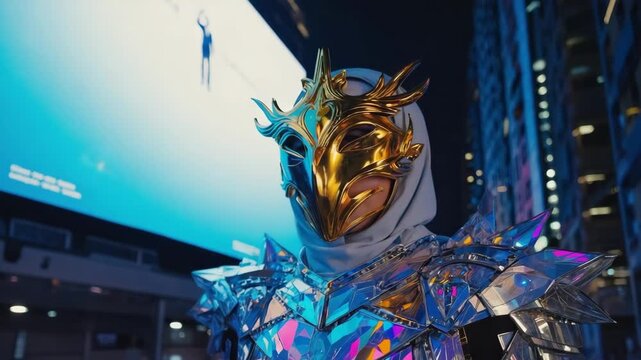 Cyberpunk cosplayer wearing an elaborate golden mask and reflective armor stands in a futuristic city at night, with a large digital billboard displaying performers in the background