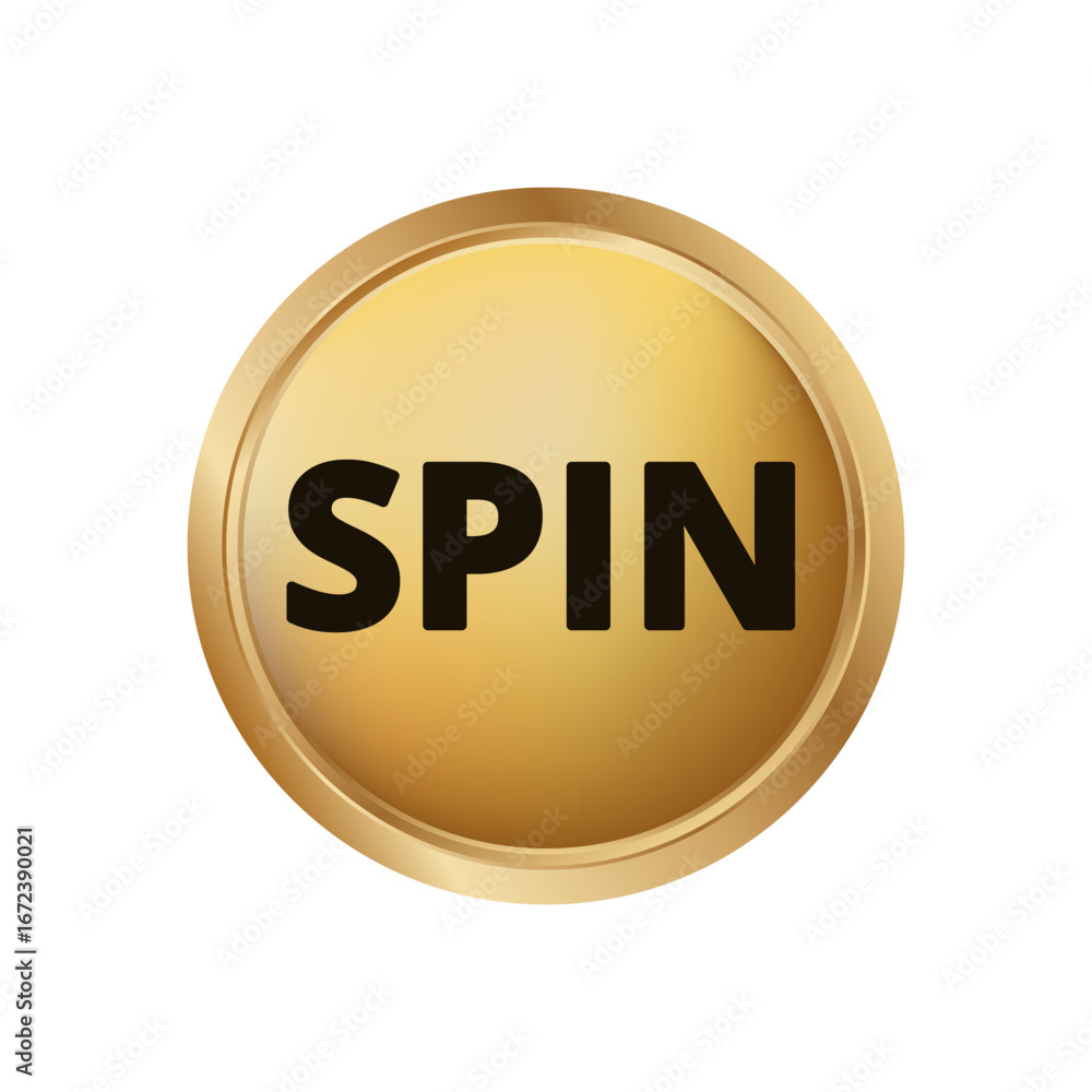 Poster shiny gold round button with bold black spin text in center. emphasizes action theme.