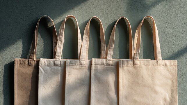 Row of reusable cotton tote bags hanging on a wall in natural light, symbolizing eco friendly living, zero waste lifestyle and reducing plastic waste. Perfect for America Recycles Day, sustainability - Powered by Adobe