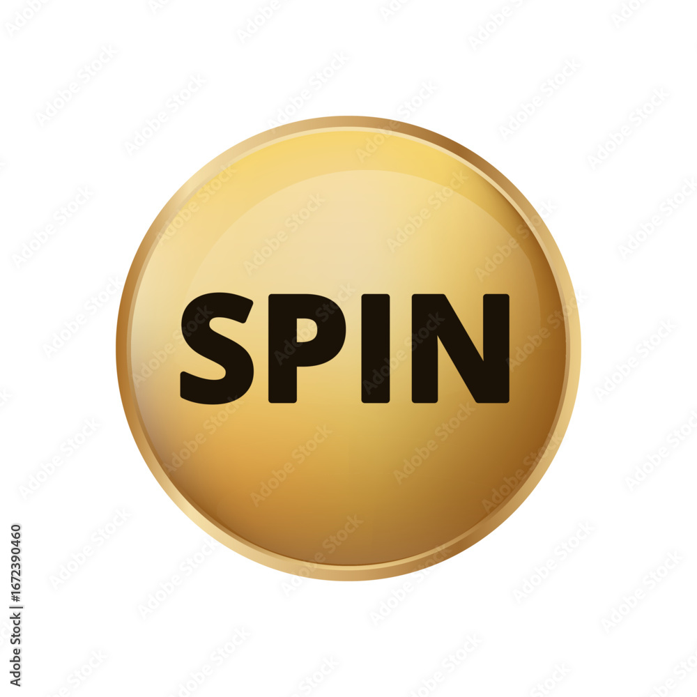 Poster glossy golden button with spin text in bold black letters, creating a striking visual contrast.