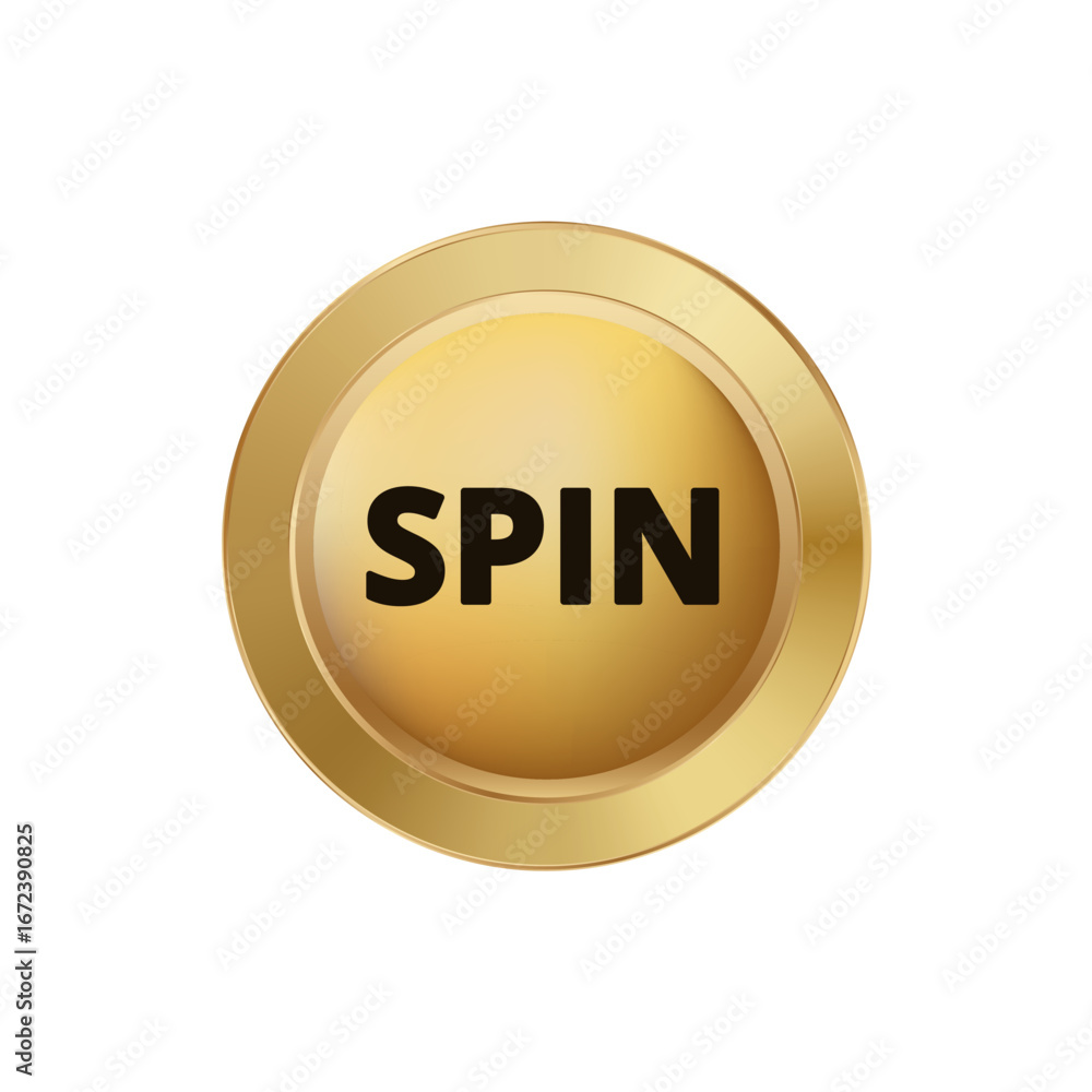 Poster glossy golden button featuring bold black spin text in the center for interactive elements.