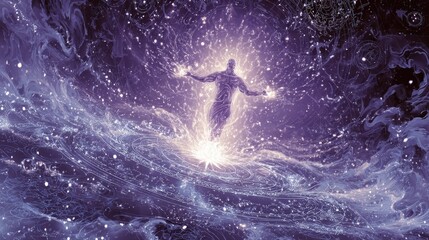 Yogi surrounded by swirls of cosmic dust and constellation shapes, mystical fantasy illustration