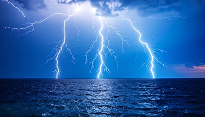 Dramatic lightning strikes over a dark ocean