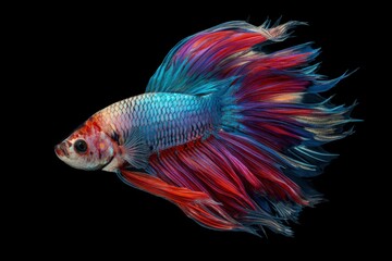 Fototapeta premium A Betta fish with blue and red fins is set against a black background