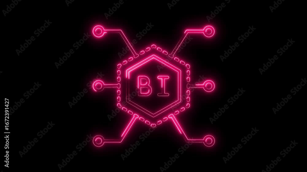 Poster glowing neon b i icon connected network circuit technology abstract digital data flow futuristic