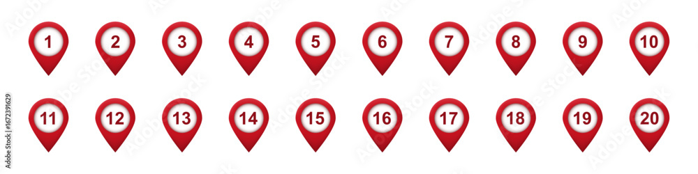 Poster red location pins with numbers are arranged in a horizontal line, numbering from one to twenty.