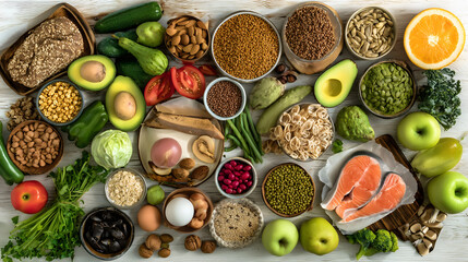 Educational healthy food group display from overhead view with neatly organized fresh vegetables fruits protein sources whole grains arranged by categories for teaching nutrition education purposes.