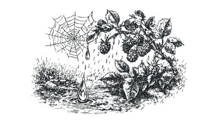 Naklejka premium Raindrops falling on raspberry plant and spider web with ripples. Vector hand drawn illustration