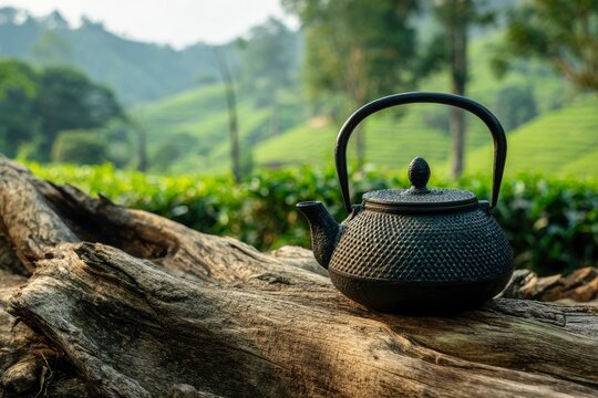 A black cast iron teapot sits on a weathered log with lush green hills in the background - Powered by Adobe