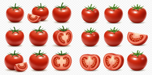 Collection of whole and sliced red tomatoes, isolated on white background.